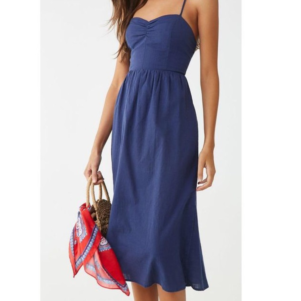 Ruched-Front Lace-Up Cami Midi Dress